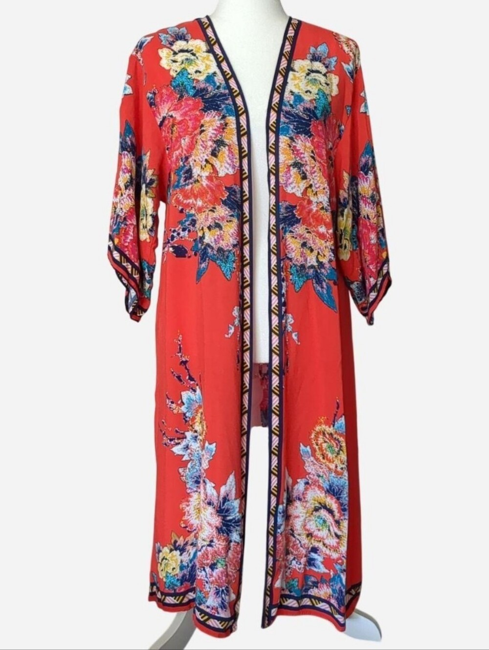 ❤️🔥 VINTAGE VIBES Flying Tomato Red Floral Kimono Duster M/L Boho Coverup